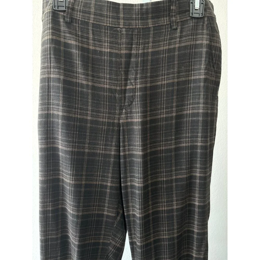 Vince Pants Sz L Quiet Luxury Plaid Viscose Brown Relaxed Trousers Pockets Comfy - Picture 10 of 16